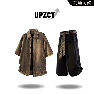 UPZCY复古拼接假两件衬衫男士春夏季轻奢时尚高级男装一整套搭配