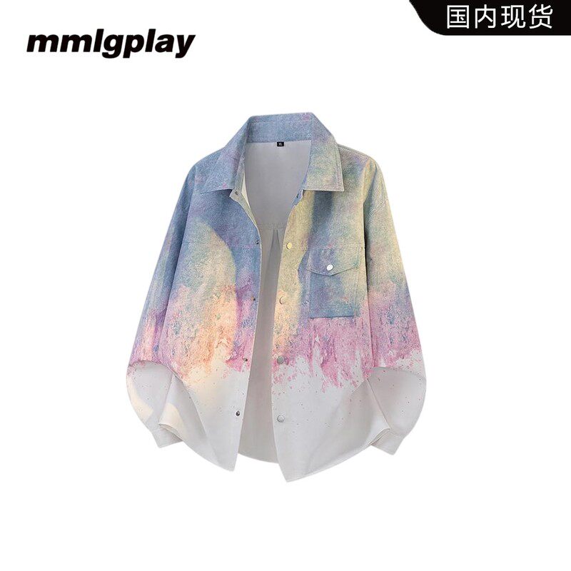 mmlgplay美式扎染渐变衬衫男春秋季新款时尚宽松潮流痞帅休闲衬衣