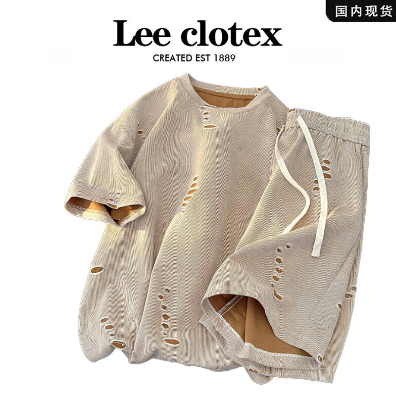 品牌现货撤柜】LECLOTEX 新款休闲夏季时尚破洞男款短袖圆领套装