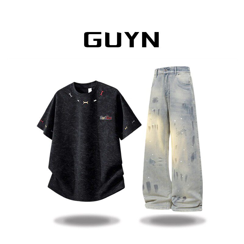 品牌现货】GUYN美式风刺绣短袖T恤夏季圆领短袖男款2026新款半袖