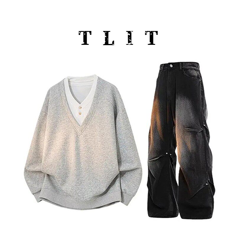 品牌现货】TLIT假两件卫衣套装男春季休闲复古两件套时尚潮流男装