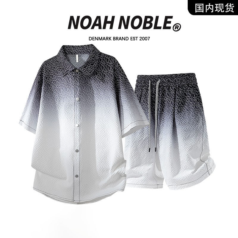 香港潮牌官方店】NOAH NOBLE 大码男装夏季渐变短袖衬衫休闲套装