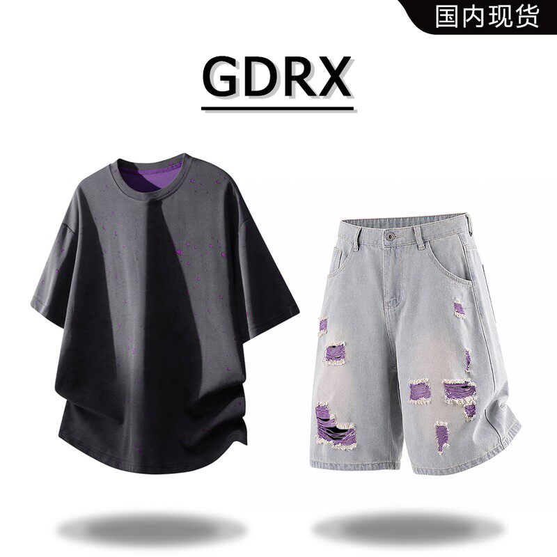 GDRX美式小众破洞短袖T恤套装夏季新款设计感牛仔短裤两件套男装