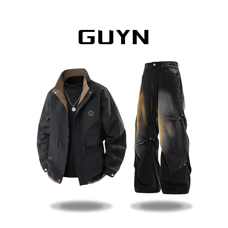 品牌现货】GUYN翻领夹克休闲套装男士美式工装牛仔长裤秋冬季外套