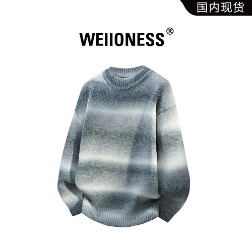 WEIIONESS韩系渐变条纹毛衣男秋冬季潮流慵懒风设计感针织衫上衣