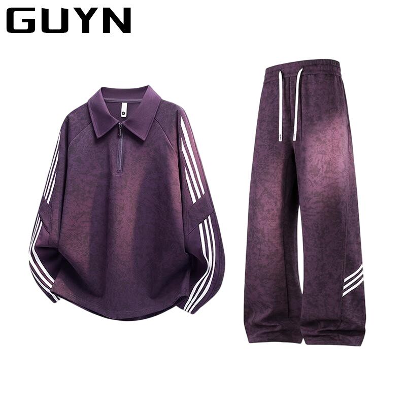 GUYN三条杠时尚百搭大码休闲套装男春秋韩版宽松显瘦翻领卫衣卫裤