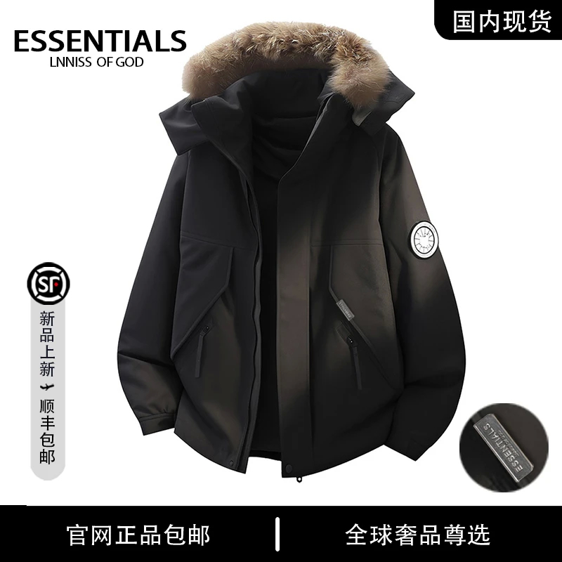 ESSENTIALS LNNISS  美式冬季情侣可拆卸毛领90鸭绒连帽羽绒服男