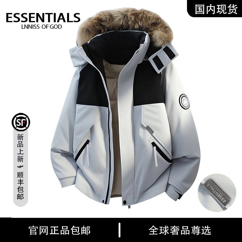 ESSENTIALS LNNISS  美式冬季情侣连帽可拆卸毛领90鸭绒羽绒服男
