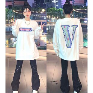 美式 宽松vintage设计感高街BF风上衣服 潮牌重磅纯棉长袖 T恤女秋季