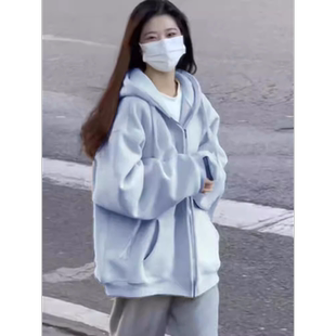 薄 奶蓝色卫衣外套女chic早春秋季 2023新款 秋冬套装 初秋慵懒风开衫