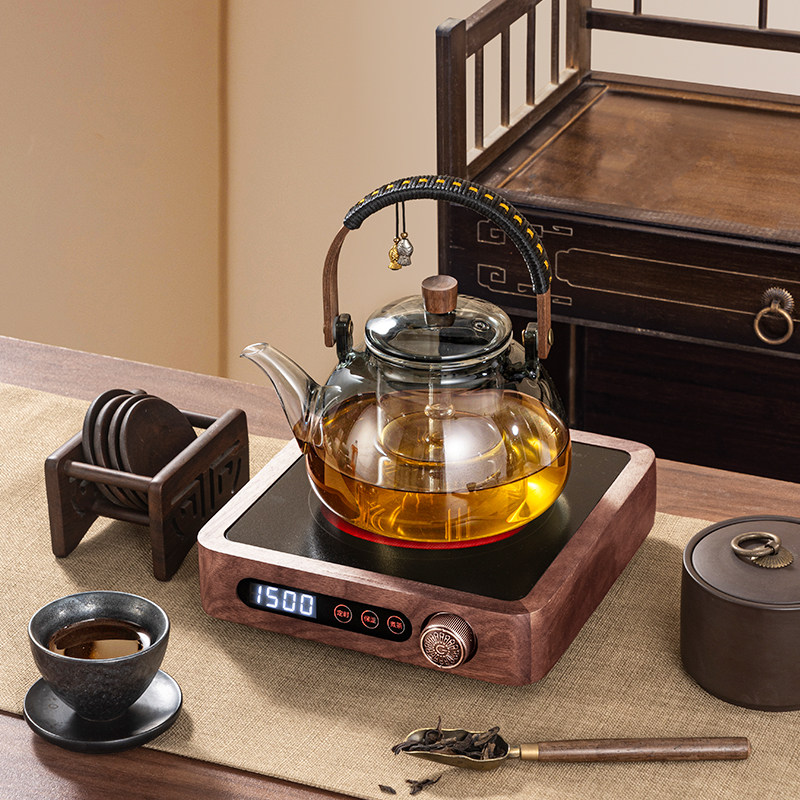 进口胡桃木黑晶炉煮茶器全自动玻璃电热烧水壶电磁炉小型泡茶炉超