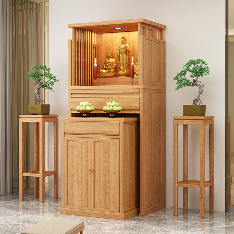新中式实木佛龛带门神台柜