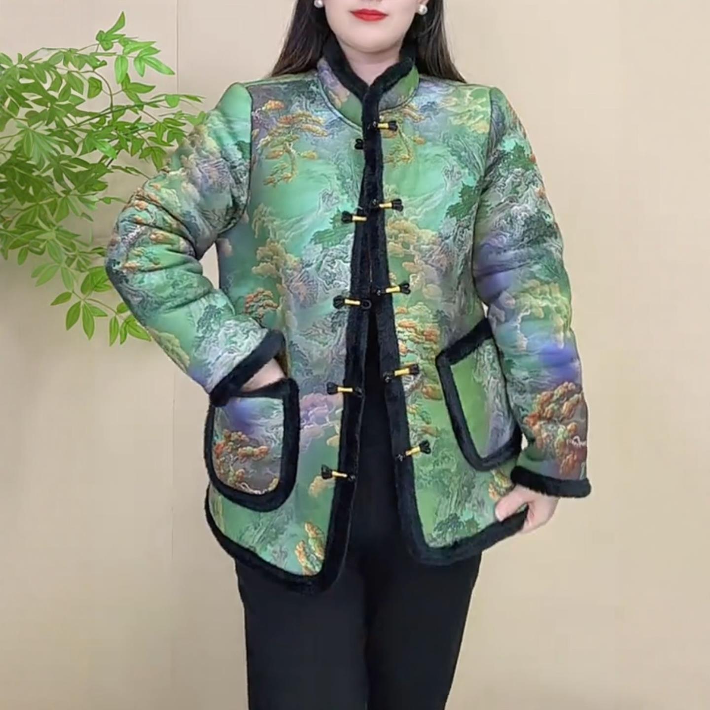 冬款中新中式立领古复盘扣袄棉G年妈妈洋气国风印花加绒加厚外套