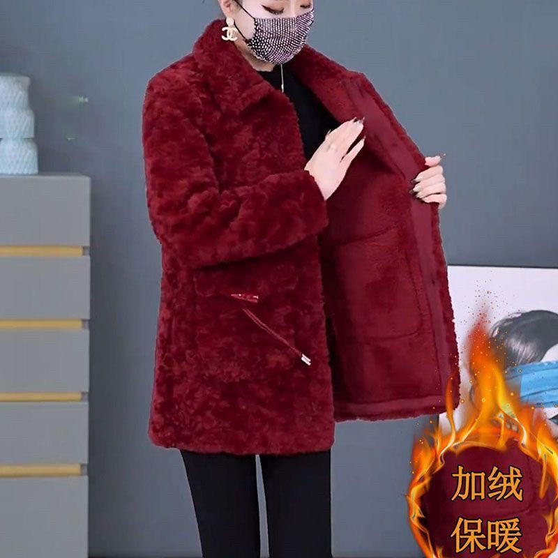 中长款妈妈装冬季时尚颗粒绒外套40岁50加绒厚毛毛羊羔绒保暖棉衣