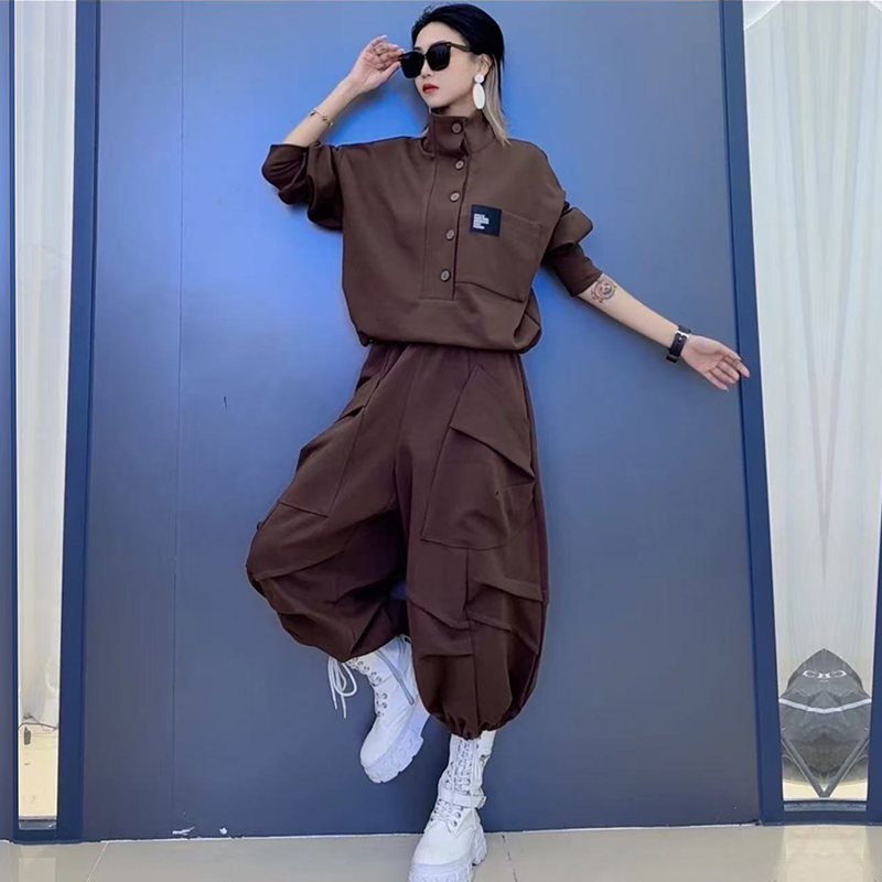 春款潮流立领韩版长袖套头卫衣-春款大口袋休闲气质设计感灯笼裤