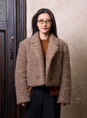 Link exchange泰迪绒立领短款双排扣西装外套_毛绒丰盈软糯厚实