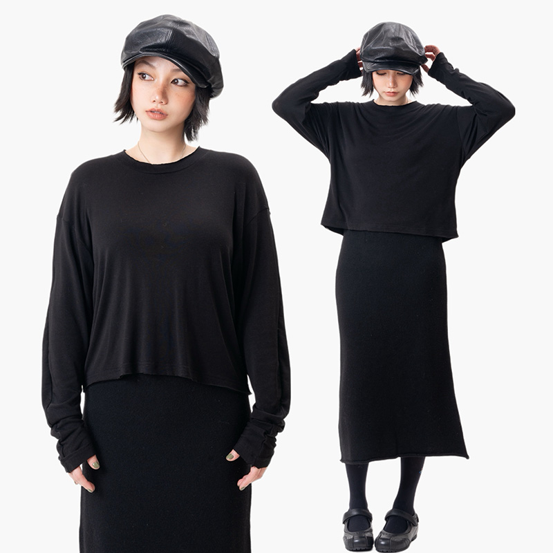 Link Exchange轻盈柔雾感弯刀长袖短款T恤_直筒宽松休闲内搭