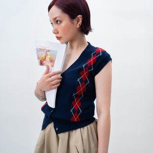Link Exchange书呆子菱格纹V领无袖针织衫_撞色小马甲