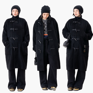 Link Exchange复活牛角扣长款羊绒大衣外套_直筒宽松慵懒松弛感