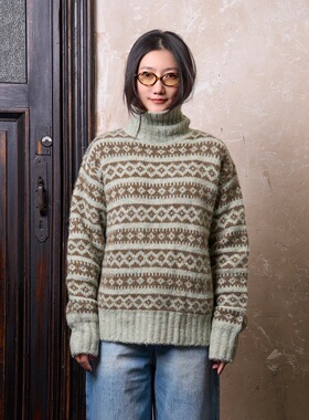 Link Exchange羊驼绒高领费尔岛直筒宽大毛衣_冬日氛围薄荷巧克力