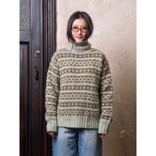 Link Exchange羊驼绒高领费尔岛直筒宽大毛衣_冬日氛围薄荷巧克力