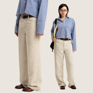 Link Exchange书呆子米棕星空薄款粗纺直筒长裤_春夏休闲西装裤