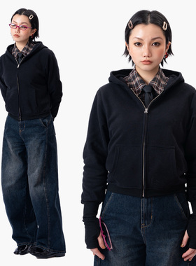 Link Exchange短款连帽小卫衣拉链版_软糯薄绒矮帽造型加长手套