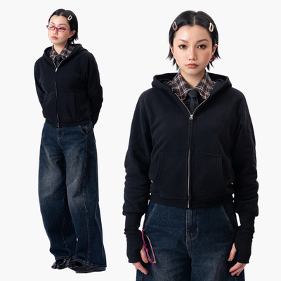 Link Exchange短款连帽小卫衣拉链版_软糯薄绒矮帽造型加长手套