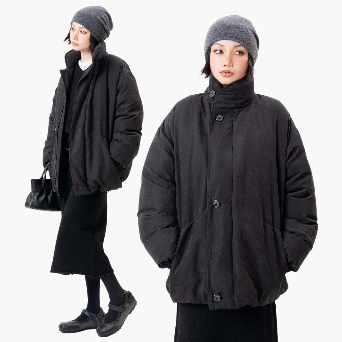 LinkExchange温和桃皮绒黑中长款云朵羽绒服_挡风御寒首选unisex