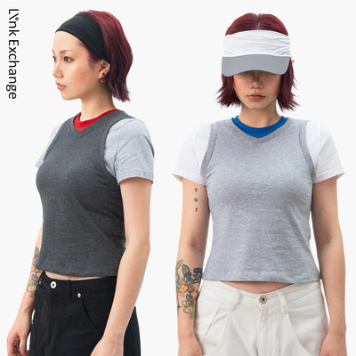 Link Exchange叠穿效果假三件拼色T恤_纯棉圆领短袖上衣