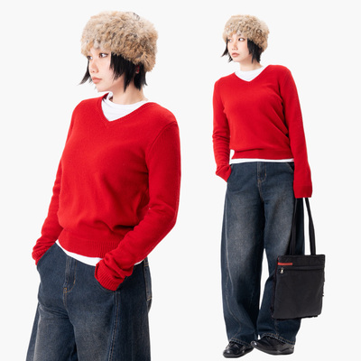 Link Exchange小V领基础百搭澳羊毛针织毛衣_黑灰棕红多色可选