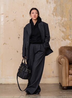 Link Exchange柔雾灰羊毛呢廓形垫肩西装外套_宽腿香蕉休闲西裤