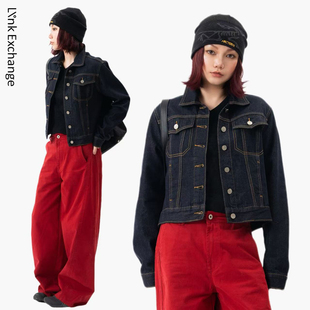Link Exchange午夜蓝正肩牛仔夹克外套_复古明线撞色柔软水洗