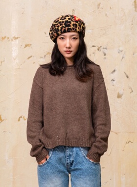 Link Exchange破洞设计圆领套头粗棒针毛衣_直筒短款针织毛衫