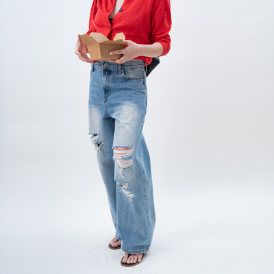 Link Exchange水洗蓝破洞宽腿牛仔裤_松弛感低腰长裤