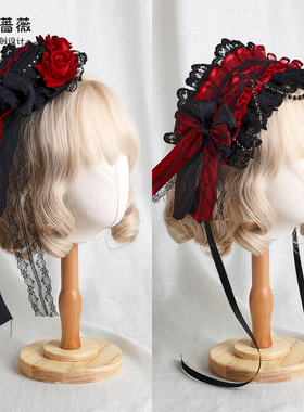 星尘蔷薇lolita原创设计小礼帽优雅红黑蔷薇之契洛丽塔bnt扁帽