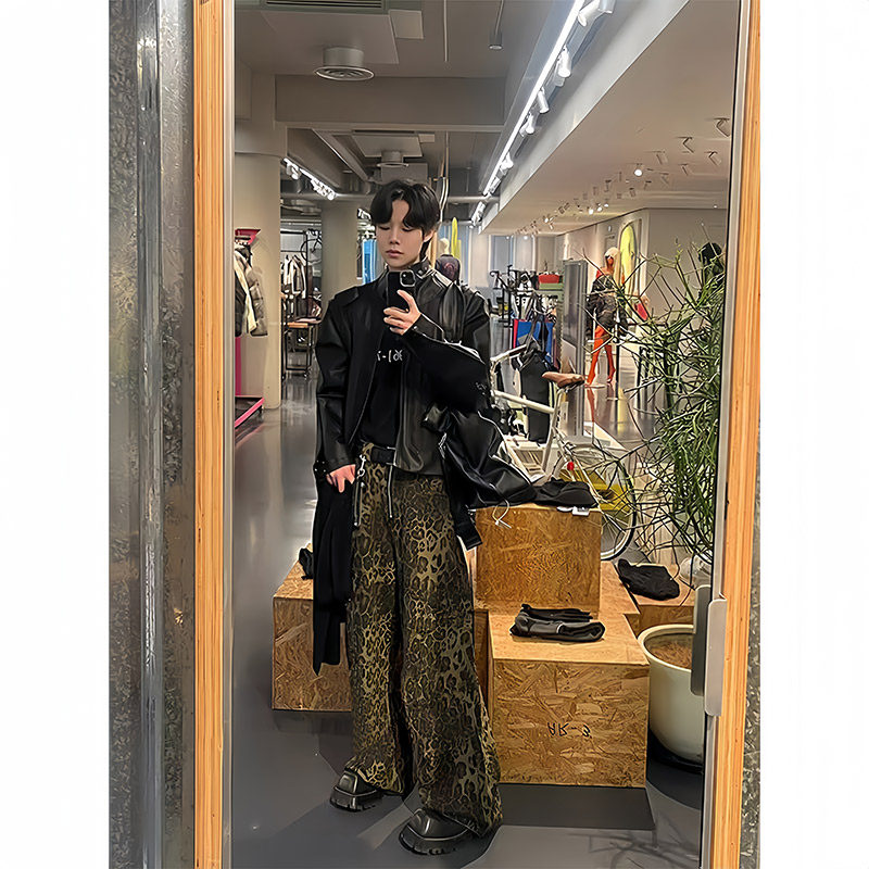 江浙沪豹纹c牛仔裤男欧美高街vibe风加长裤子潮牌痞帅高个子阔腿