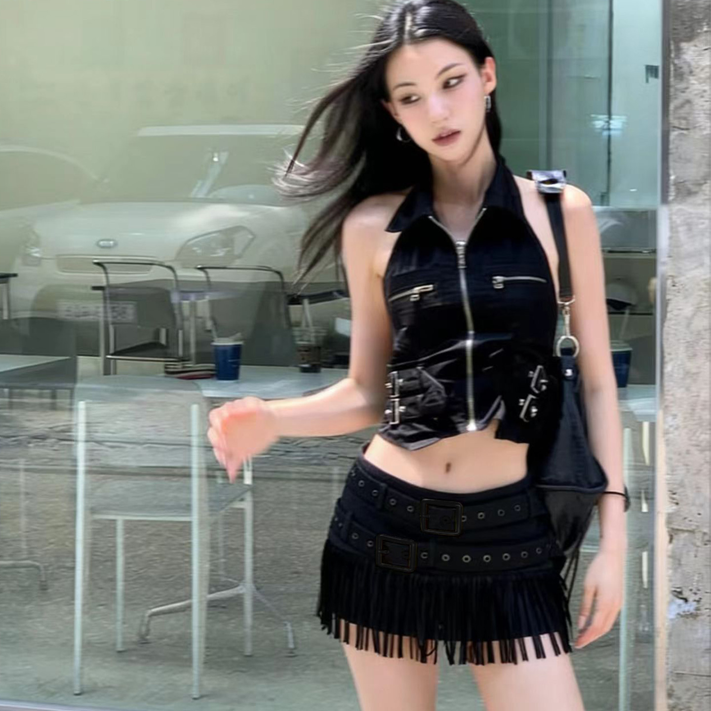 美式流苏半身裙女黑色短裙腰辣妹跳舞显瘦低腰打歌服酷感裙子