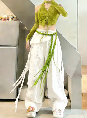 jazz爵士跳舞绿色露脐上衣白色阔腿裤女套装慵懒打歌服宽松两件套
