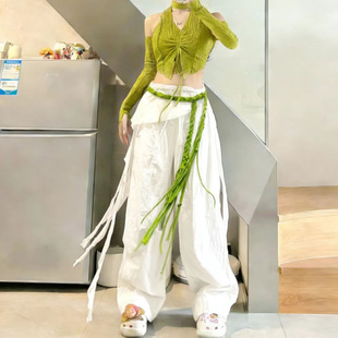 jazz爵士跳舞绿色露脐上衣白色阔腿裤 慵懒打歌服宽松两件套 女套装