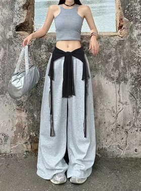 jazz美式爵士跳舞复古灰色阔腿裤女宽松显瘦休闲裤直筒拖地长裤