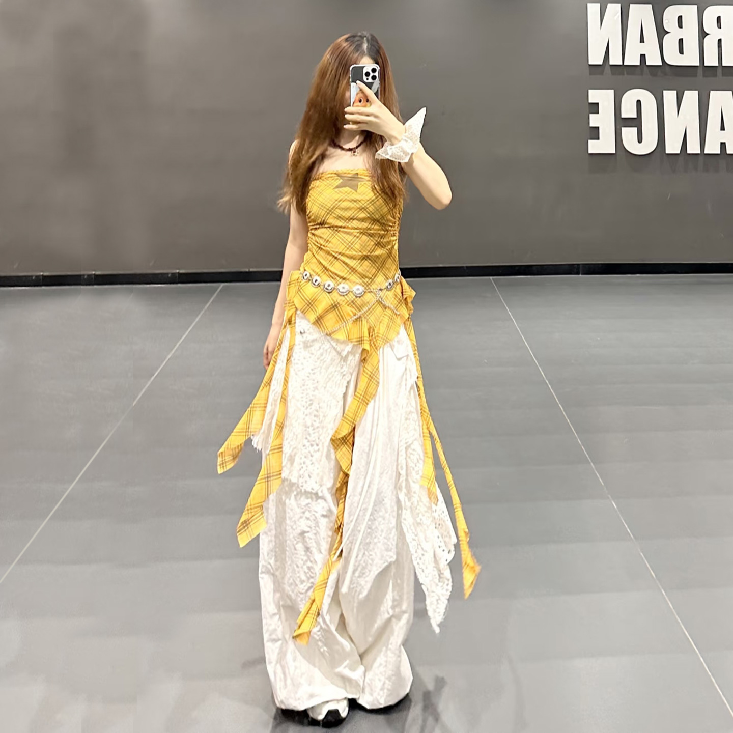 jazz爵士跳舞不规则格子飘带上衣hihhop练舞打歌服白色休闲裤子女