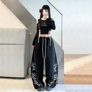 女街头宽松套装 jazz爵士跳舞美式 裤 工装 嘻哈风黑色露脐上衣阔腿裤