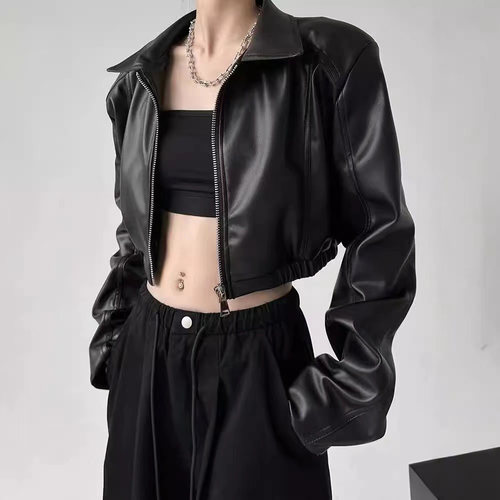 黑色港风短款复古皮衣外套女酷飒风高级感2025新款早秋夹克机车服