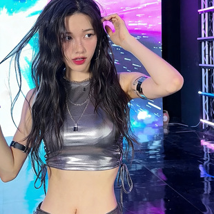 jazz爵士跳舞银色无袖 演出服上衣 背心女夏辣妹性感打歌服短款