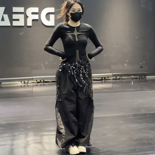 黑色jazz甜辣跳舞上衣爵士舞裤子演出服音乐节穿搭女团打歌服套装