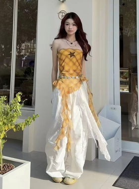 jazz爵士跳舞穿搭辣妹风抹胸格纹不规则上衣白色工装裤打歌服套装