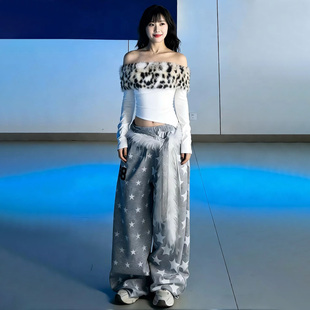 jazz爵士跳舞性感一字肩豹纹拼接长袖 T恤女白色露肩上衣辣妹风