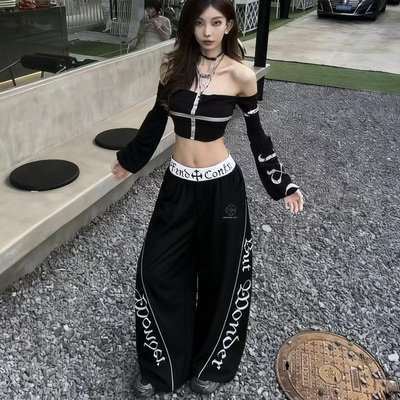 jazz爵士跳舞酷辣黑色高腰休闲裤女宽松字母印花双腰头长裤运动裤