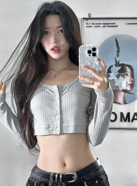 jazz爵士跳舞设计感灰色针织衫女长袖短款露脐纽扣T恤性感打底衫